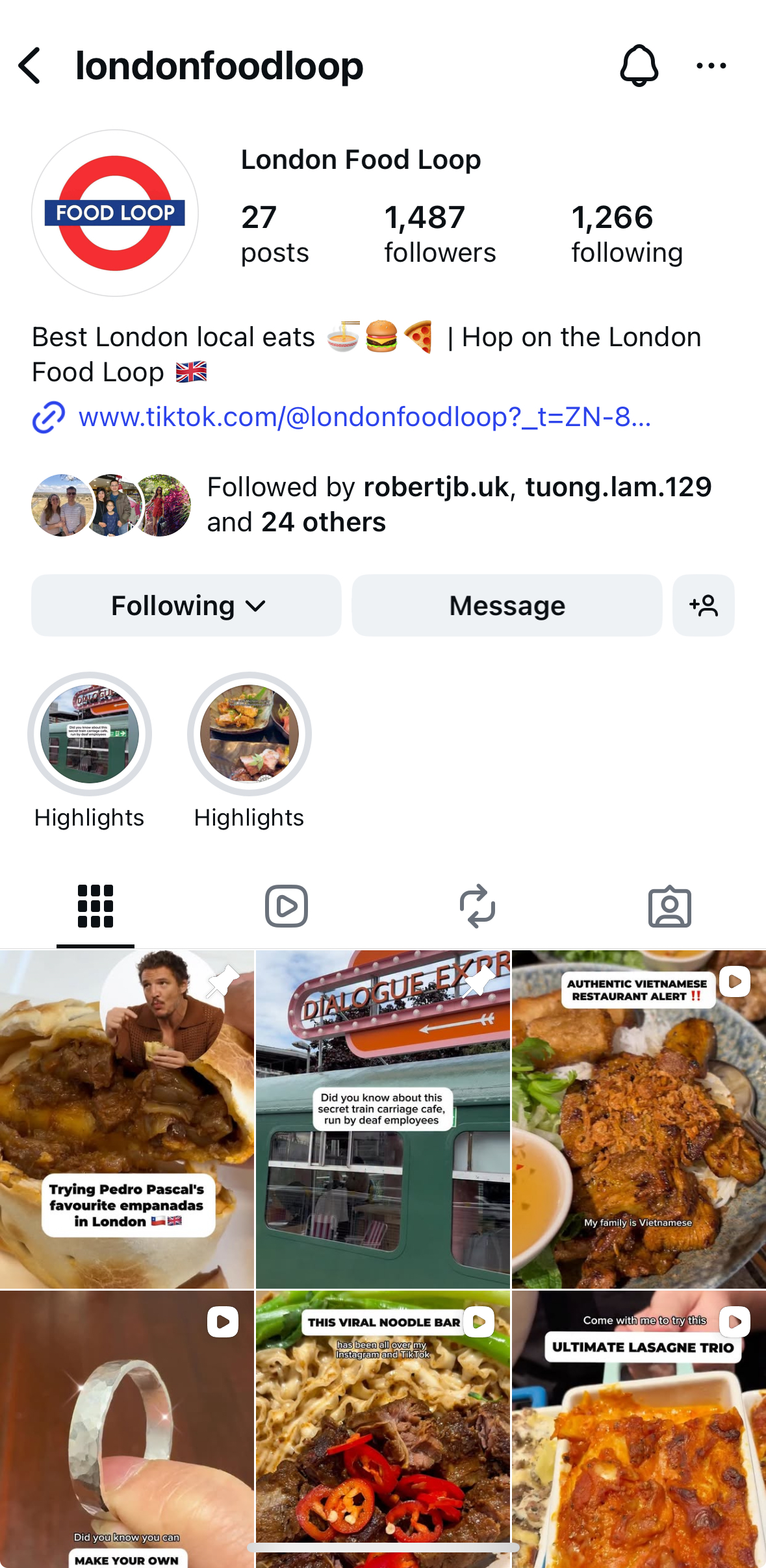 London Food Loop Instagram profile - Best London local eats