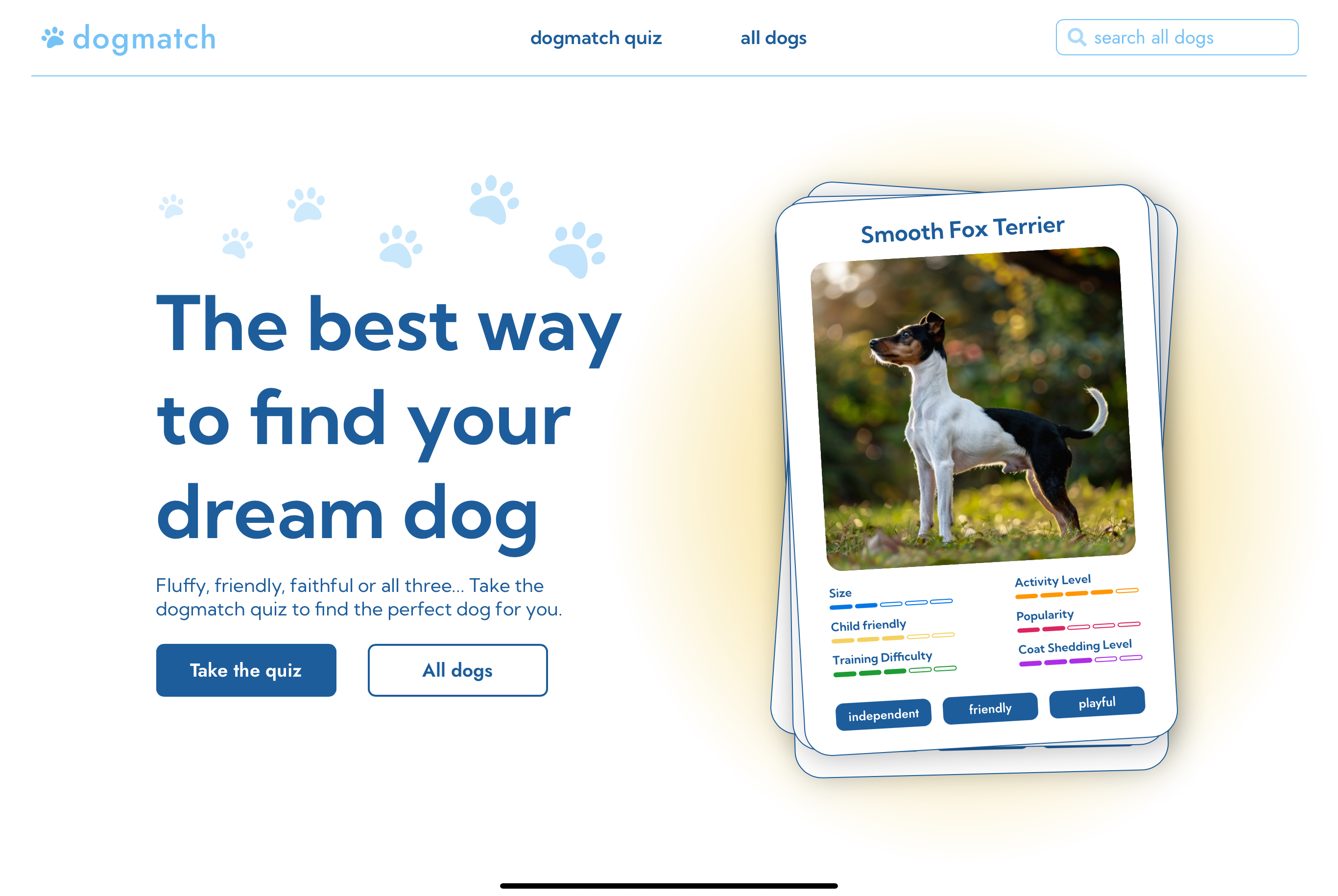 Dogmatch website homepage - find your dream dog